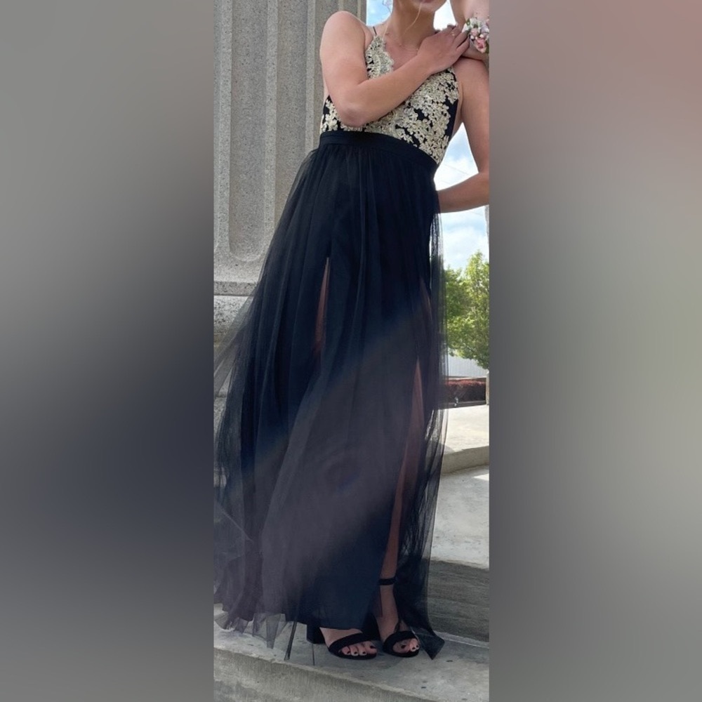 Windsor double slit gold and black tulle fabric